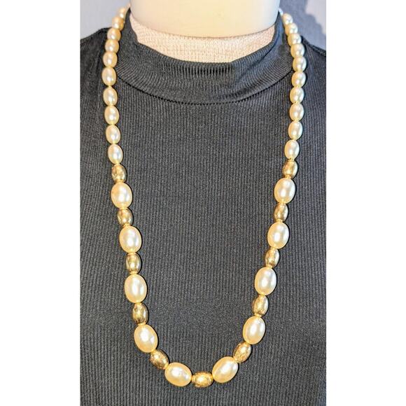 Vintage Napier Two Tone Faux Pearl and Chunky Gold Bead Necklace 30 inches long - Picture 1 of 5